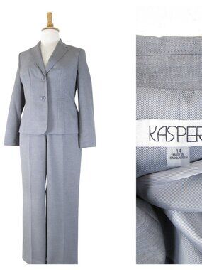 Kasper Womens Plus Size Solid Gray Pant Suit Size 14 Formal Business Career
